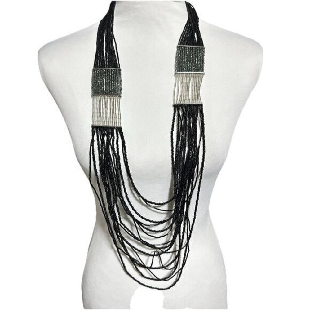 Chico's long Black multi strand layered tribal statement Necklace Seed Bead N3